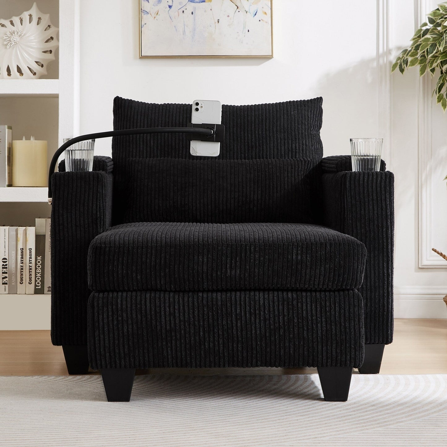 Divano letto trasformabile in chaise longue da 37,4 pollici, in velluto a coste, con porte USB e due portabicchieri.