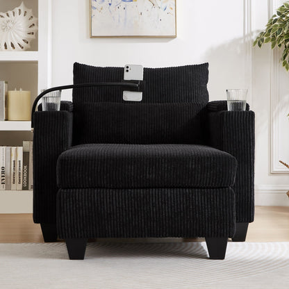 Divano letto trasformabile in chaise longue da 37,4 pollici, in velluto a coste, con porte USB e due portabicchieri.