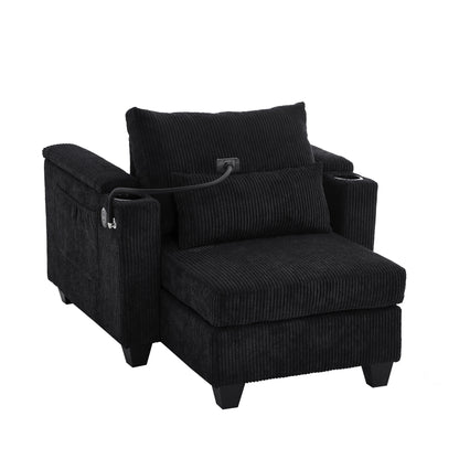 Divano letto trasformabile in chaise longue da 37,4 pollici, in velluto a coste, con porte USB e due portabicchieri.