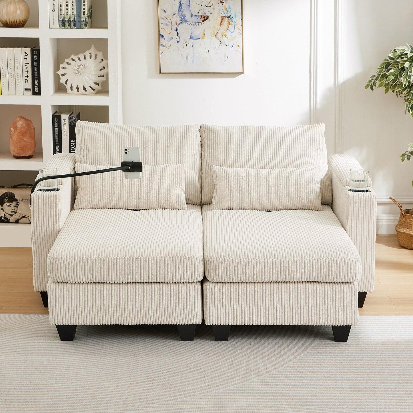 Divano letto trasformabile in chaise longue da 63 posti, divano letto in velluto a coste con porte USB e due portabicchieri