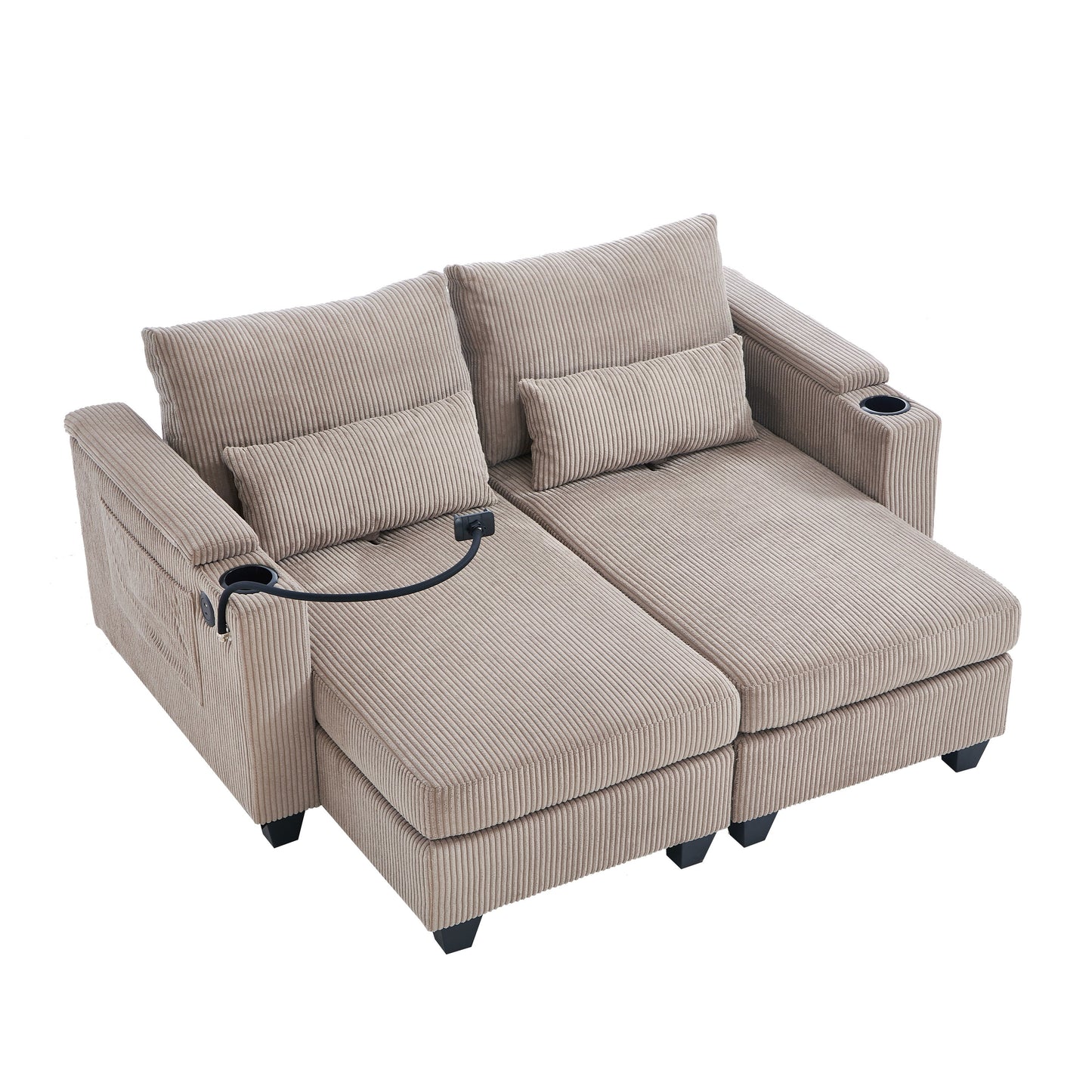 Divano letto trasformabile in chaise longue da 63 posti, divano letto in velluto a coste con porte USB e due portabicchieri