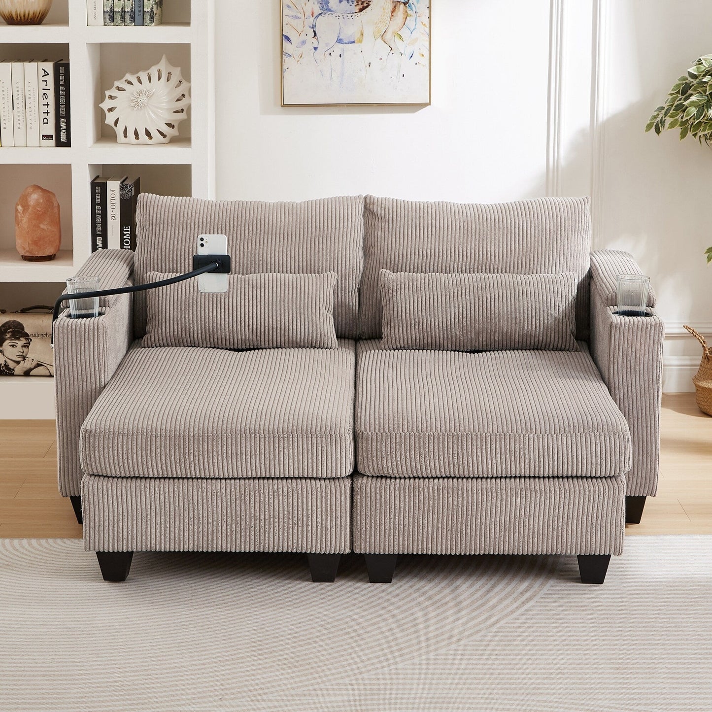 Divano letto trasformabile in chaise longue da 63 posti, divano letto in velluto a coste con porte USB e due portabicchieri