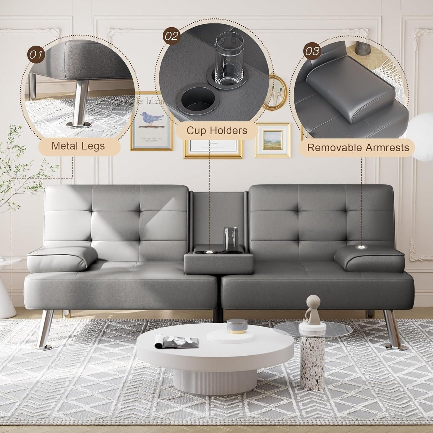 Divano letto futon pieghevole trasformabile - Divano letto in similpelle con braccioli rimovibili, gambe in metallo e portabicchieri, nero