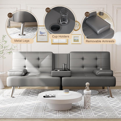 Divano letto futon pieghevole trasformabile - Divano letto in similpelle con braccioli rimovibili, gambe in metallo e portabicchieri, nero
