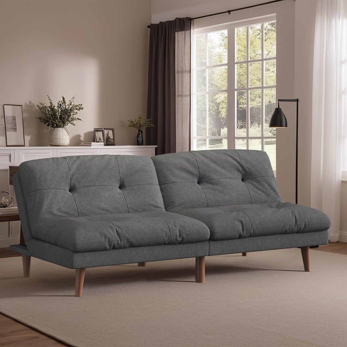 Divano letto futon trasformabile con schienale regolabile - Divano letto imbottito per soggiorno, tessuto grigio