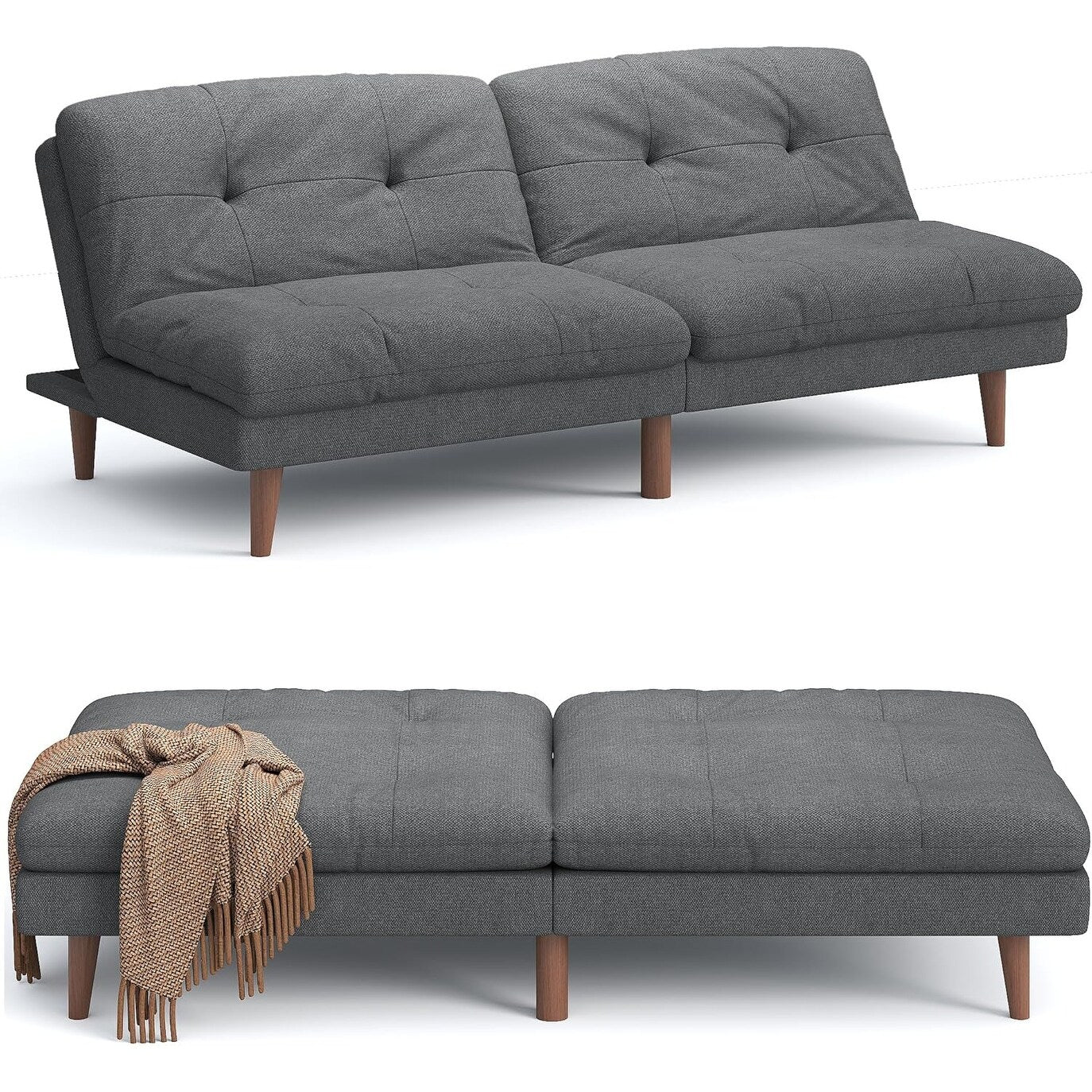 Divano letto futon trasformabile con schienale regolabile - Divano letto imbottito per soggiorno, tessuto grigio