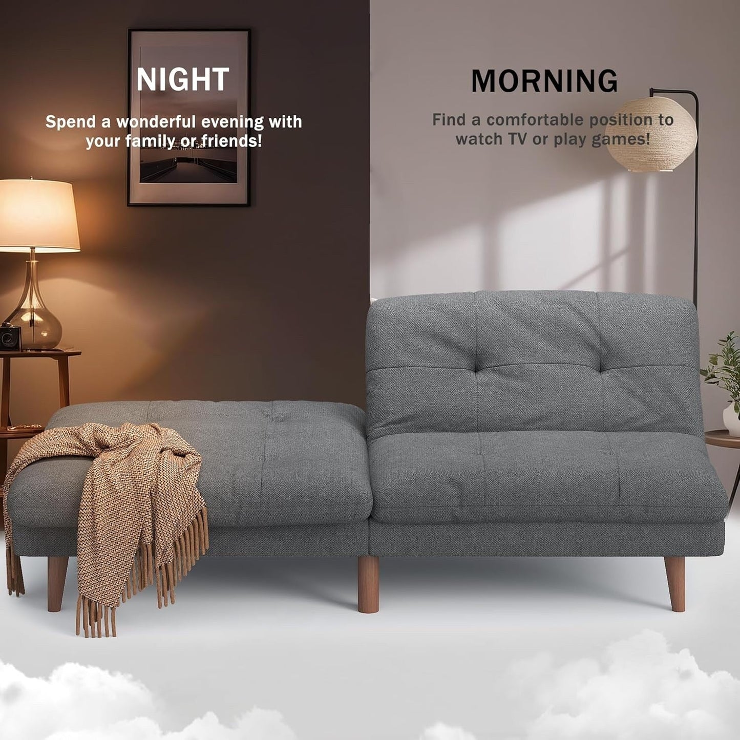 Divano letto futon trasformabile con schienale regolabile - Divano letto imbottito per soggiorno, tessuto grigio