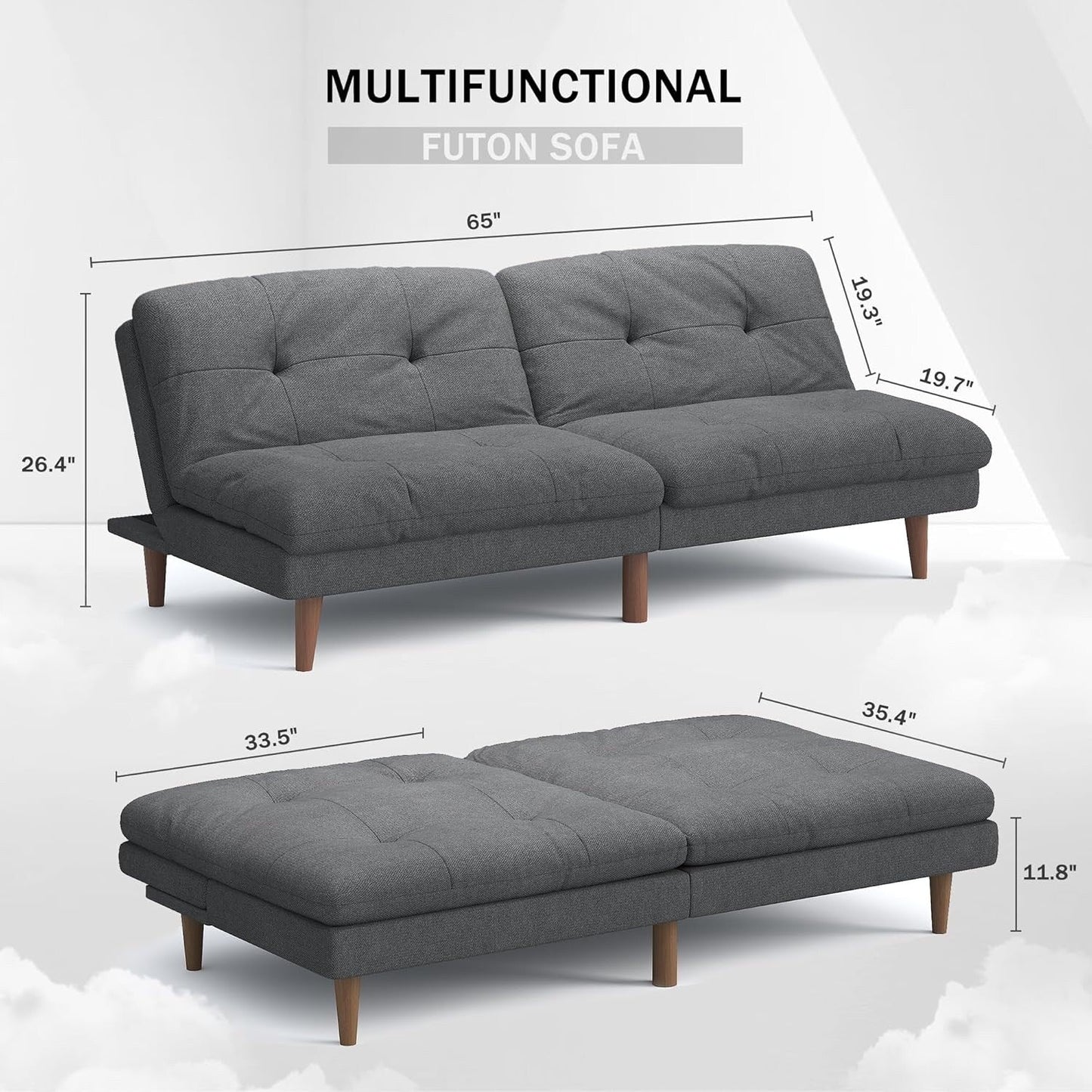 Divano letto futon trasformabile con schienale regolabile - Divano letto imbottito per soggiorno, tessuto grigio