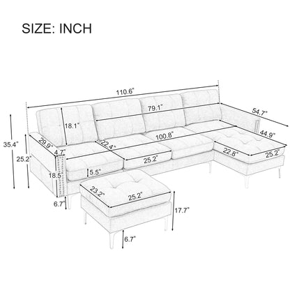 Divano componibile a L in velluto con poggiapiedi mobile e gambe in metallo dorato per soggiorno