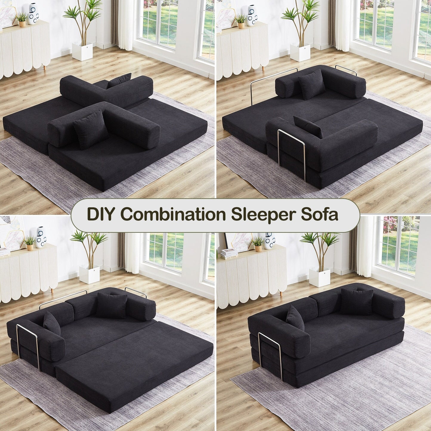 Divano letto trasformabile con cuscino, divano letto pieghevole in velluto a coste 4 in 1 con struttura fissa