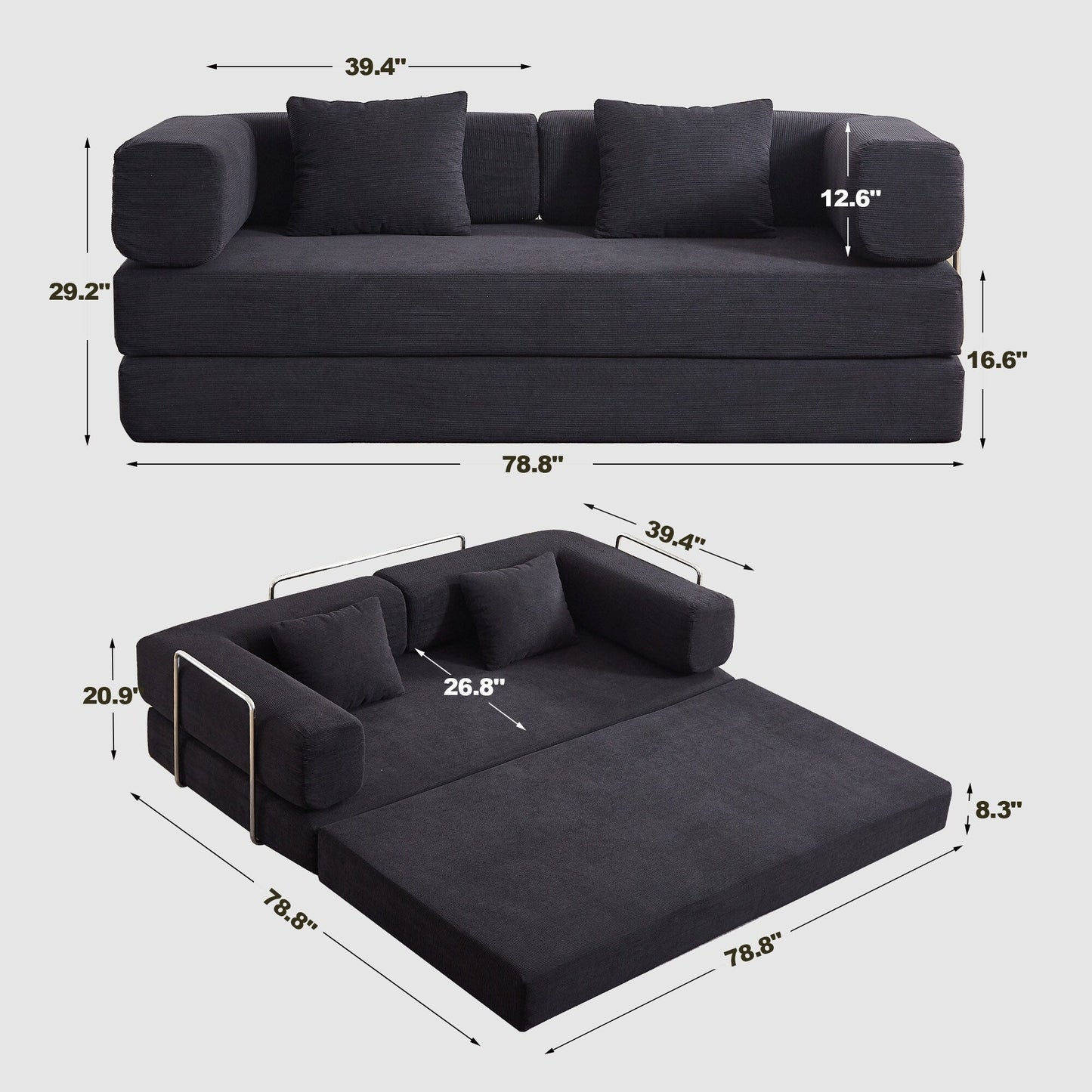 Divano letto trasformabile con cuscino, divano letto pieghevole in velluto a coste 4 in 1 con struttura fissa