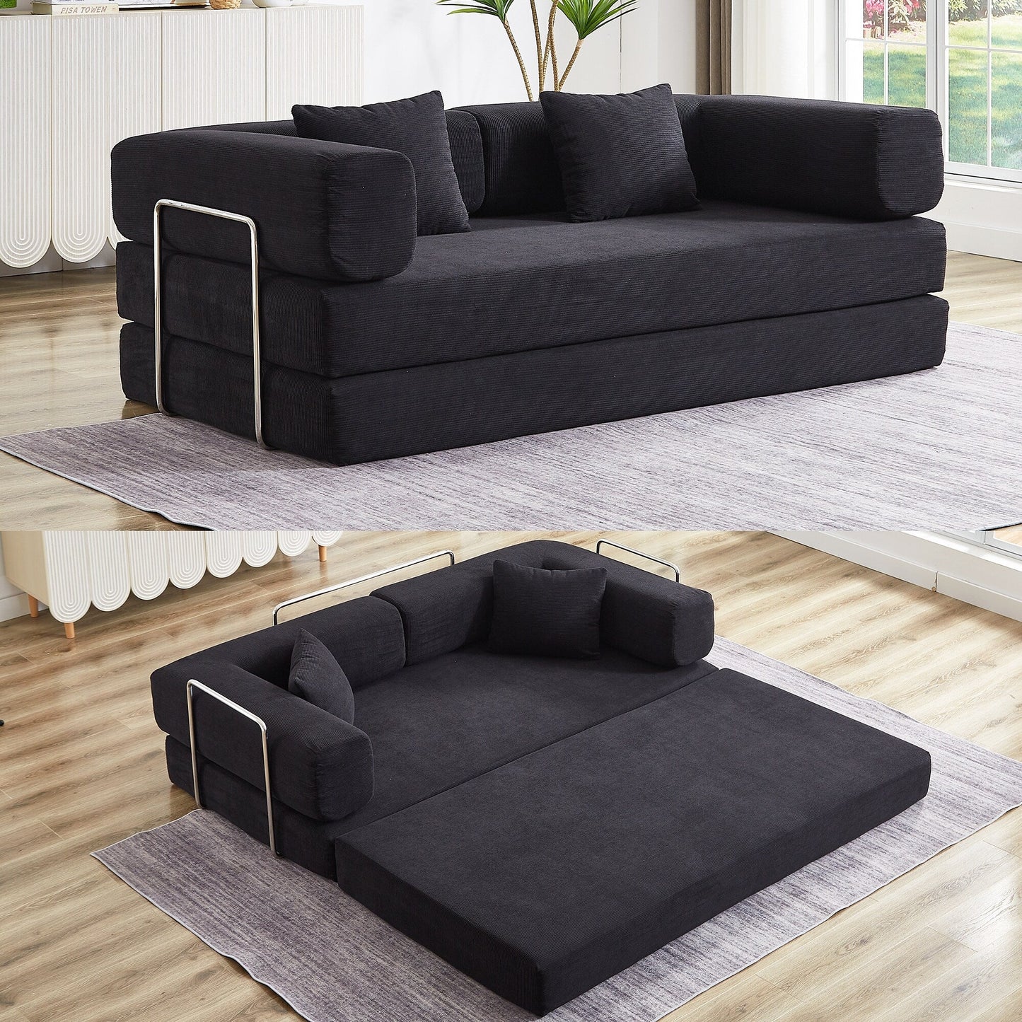 Divano letto trasformabile con cuscino, divano letto pieghevole in velluto a coste 4 in 1 con struttura fissa