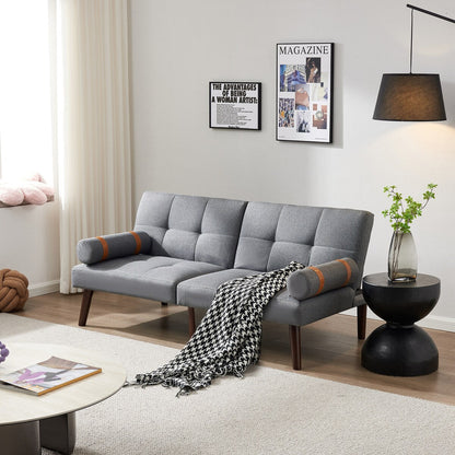 Divano letto futon trasformabile con gambe in legno massello, tessuto di lino grigio