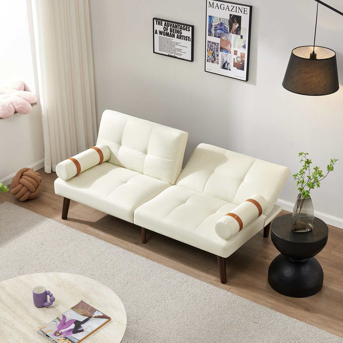 Divano letto futon trasformabile con gambe in legno massello, tessuto di lino grigio