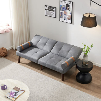 Divano letto futon trasformabile con gambe in legno massello, tessuto di lino grigio