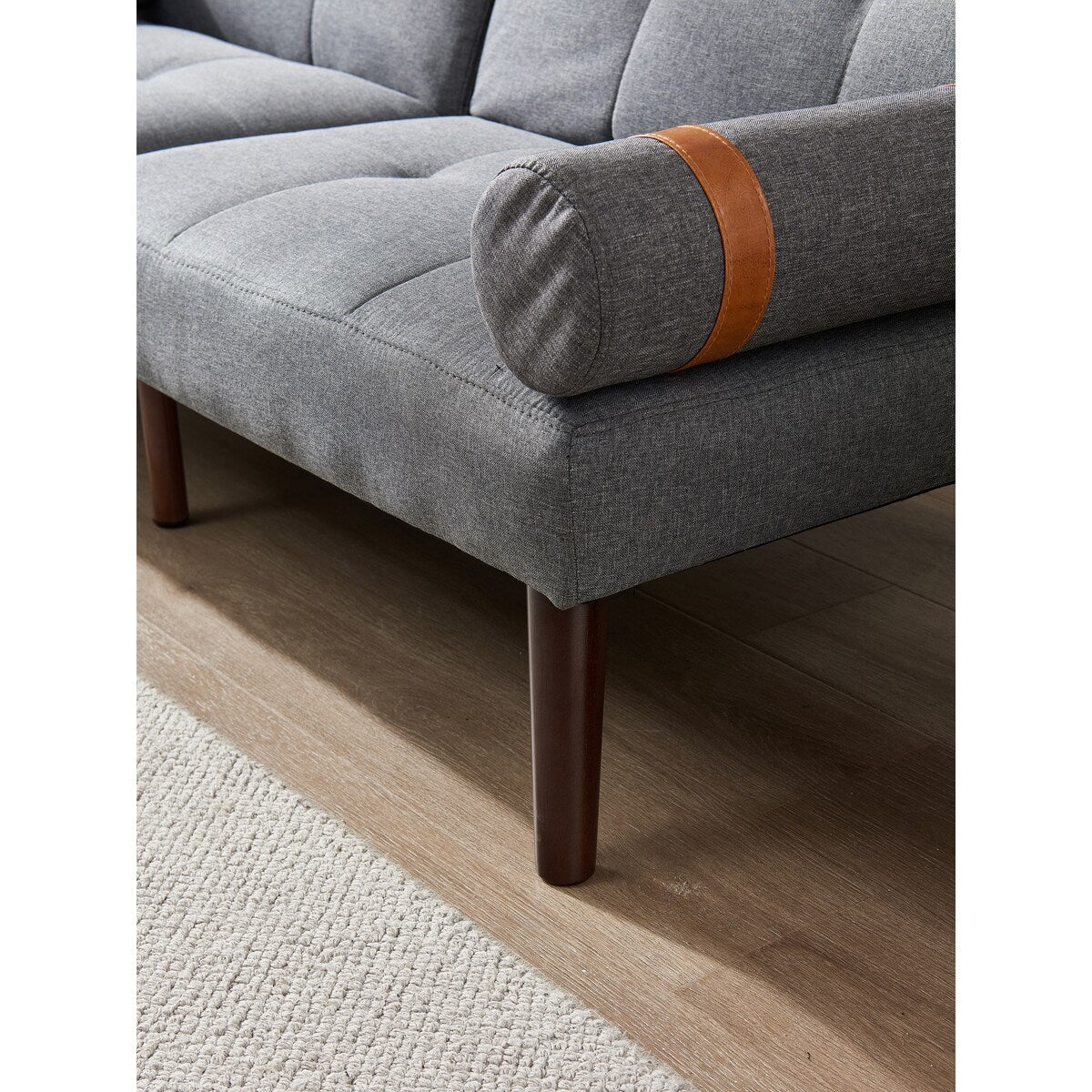 Divano letto futon trasformabile con gambe in legno massello, tessuto di lino grigio