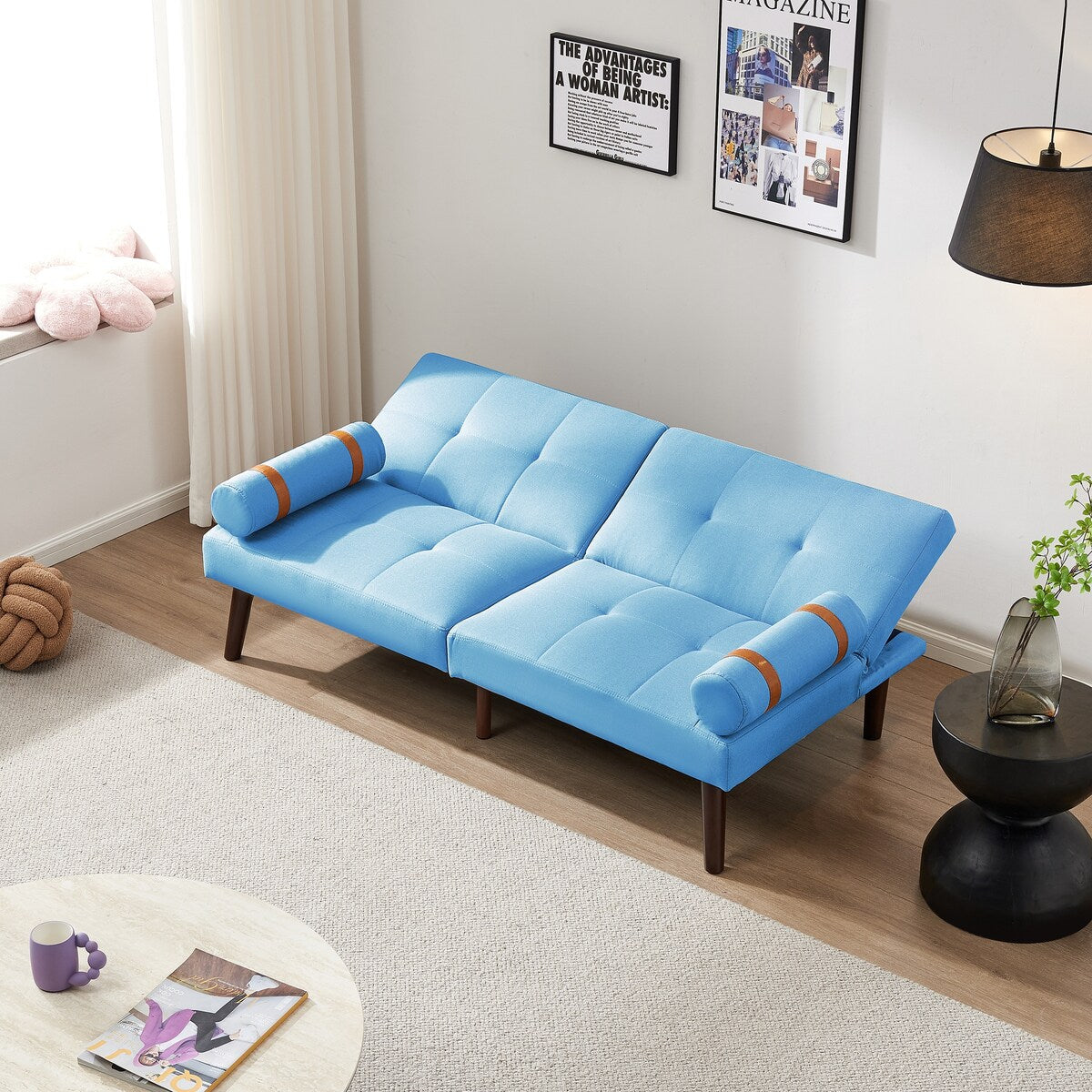 Divano letto futon trasformabile con gambe in legno massello, tessuto di lino grigio