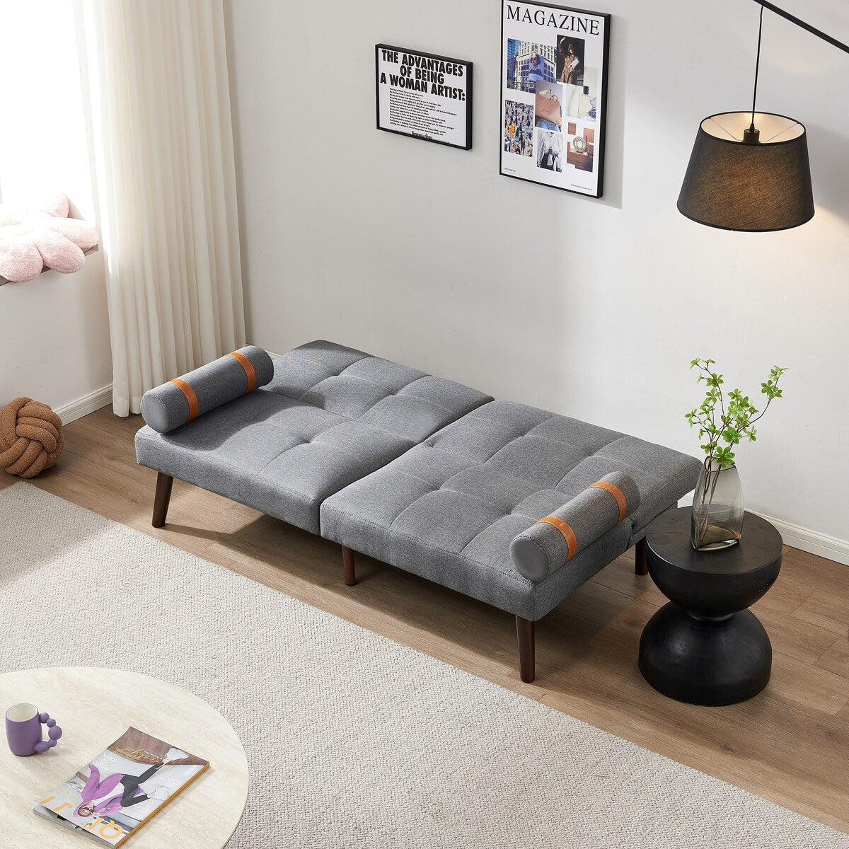 Divano letto futon trasformabile con gambe in legno massello, tessuto di lino grigio