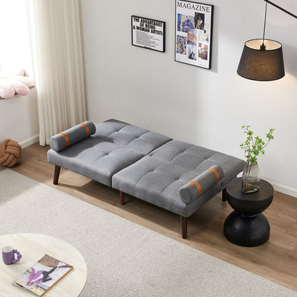 Divano letto futon trasformabile con gambe in legno massello, tessuto di lino grigio