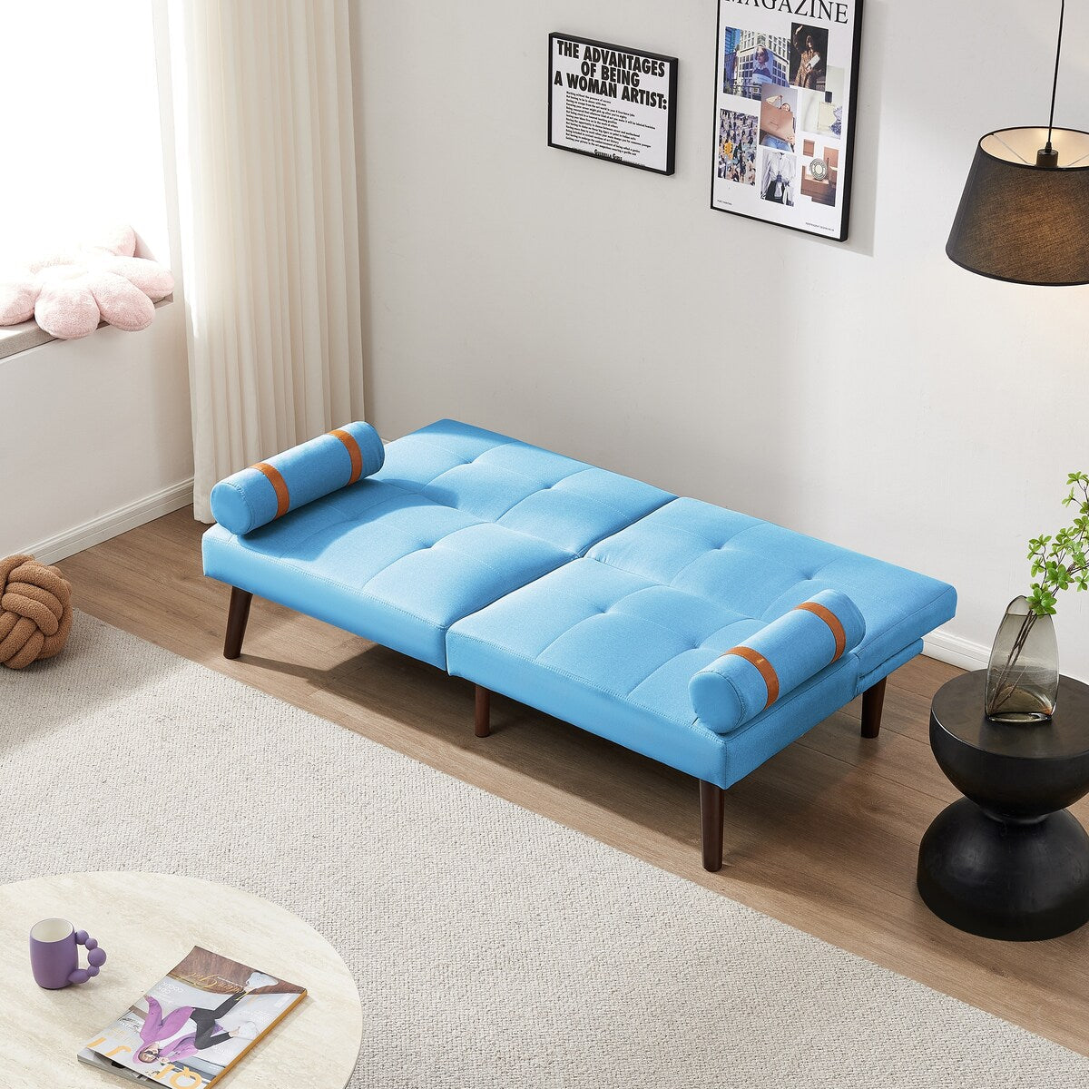 Divano letto futon trasformabile con gambe in legno massello, tessuto di lino grigio