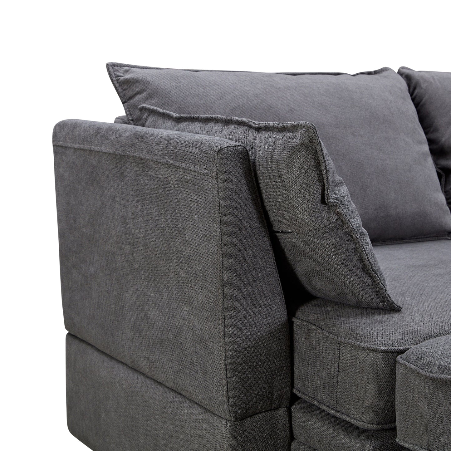 Divano componibile modulare a forma di U trasformabile con pouf contenitore e chaise longue reversibile per soggiorno