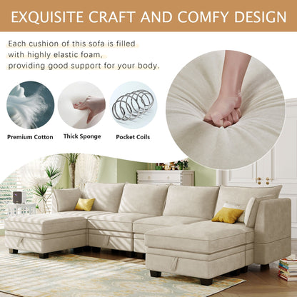 Divano componibile modulare a forma di U trasformabile con pouf contenitore e chaise longue reversibile per soggiorno