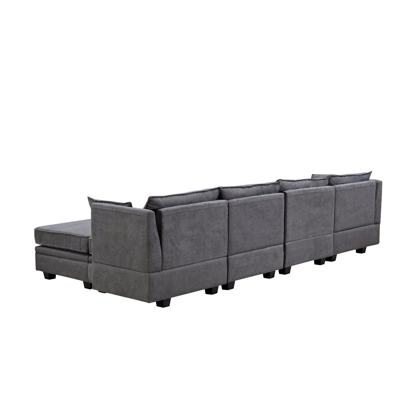 Divano componibile modulare a forma di U trasformabile con pouf contenitore e chaise longue reversibile per soggiorno