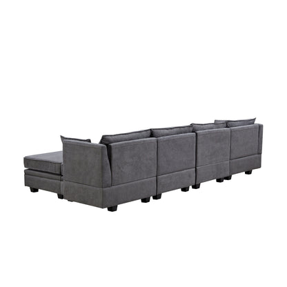 Divano componibile modulare a forma di U trasformabile con pouf contenitore e chaise longue reversibile per soggiorno