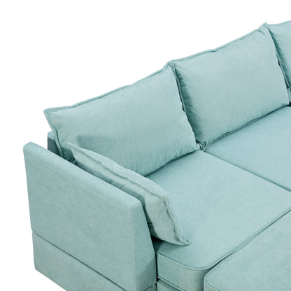 Divano componibile modulare a forma di U trasformabile con pouf contenitore e chaise longue reversibile per soggiorno