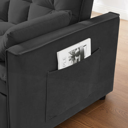 Divano a due posti trasformabile in velluto con schienale reclinabile, letto estraibile e cuscini, perfetto per piccoli spazi