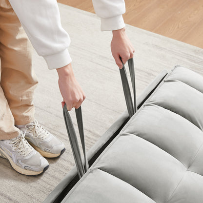 Divano a due posti trasformabile in velluto con schienale reclinabile, letto estraibile e cuscini, perfetto per piccoli spazi