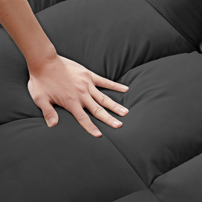 Divano a due posti trasformabile in velluto con schienale reclinabile, letto estraibile e cuscini, perfetto per piccoli spazi