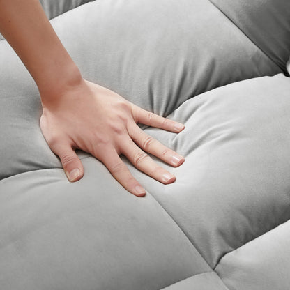 Divano a due posti trasformabile in velluto con schienale reclinabile, letto estraibile e cuscini, perfetto per piccoli spazi