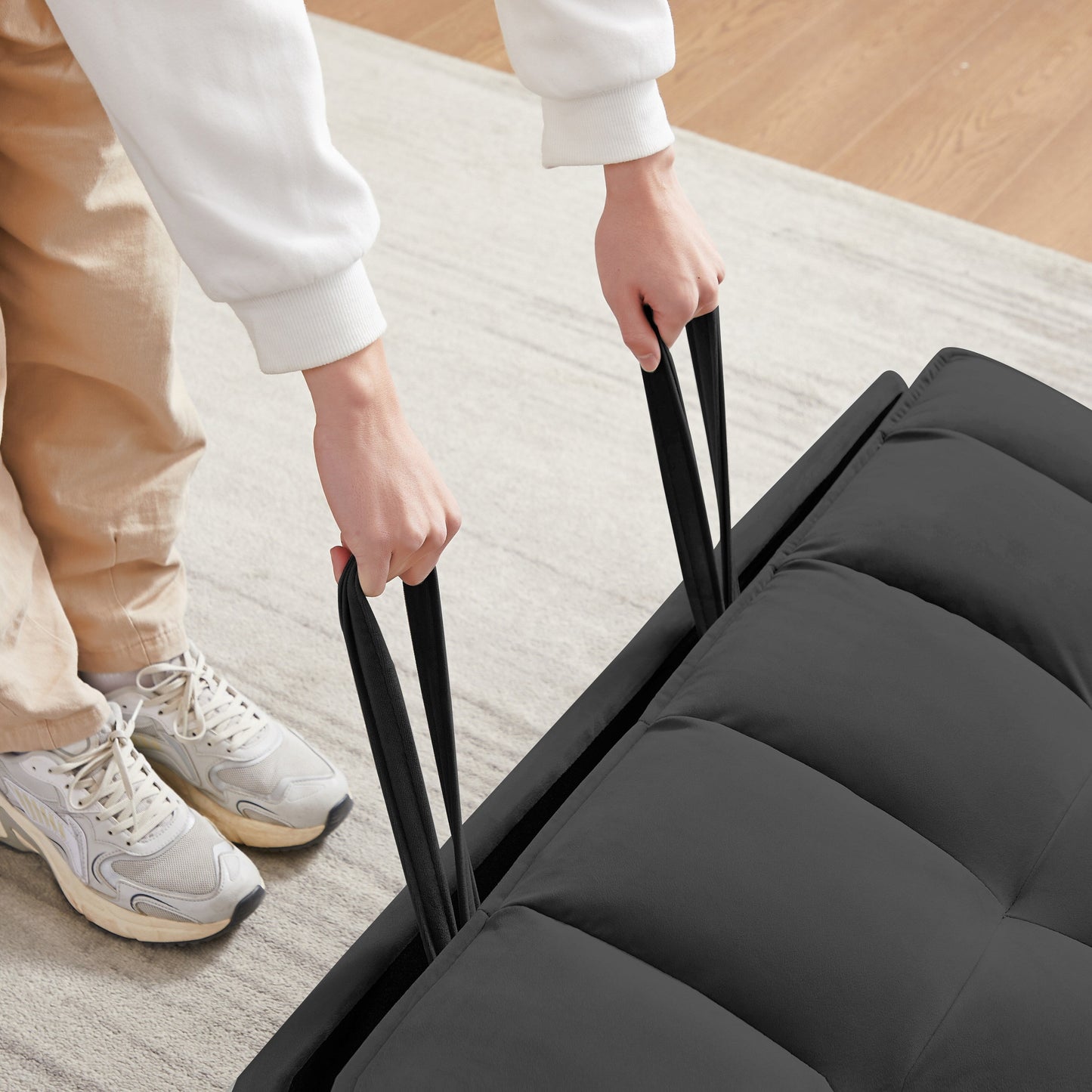 Divano a due posti trasformabile in velluto con schienale reclinabile, letto estraibile e cuscini, perfetto per piccoli spazi