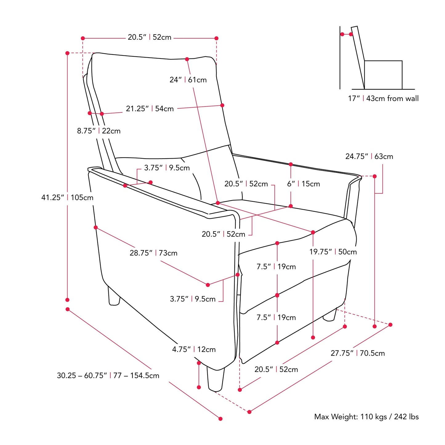 Poltrona reclinabile manuale con poggiapiedi e gambe alte