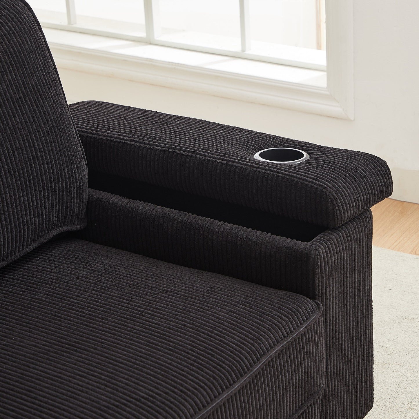 Divano a 3 posti in velluto a coste con porte USB e portabicchieri