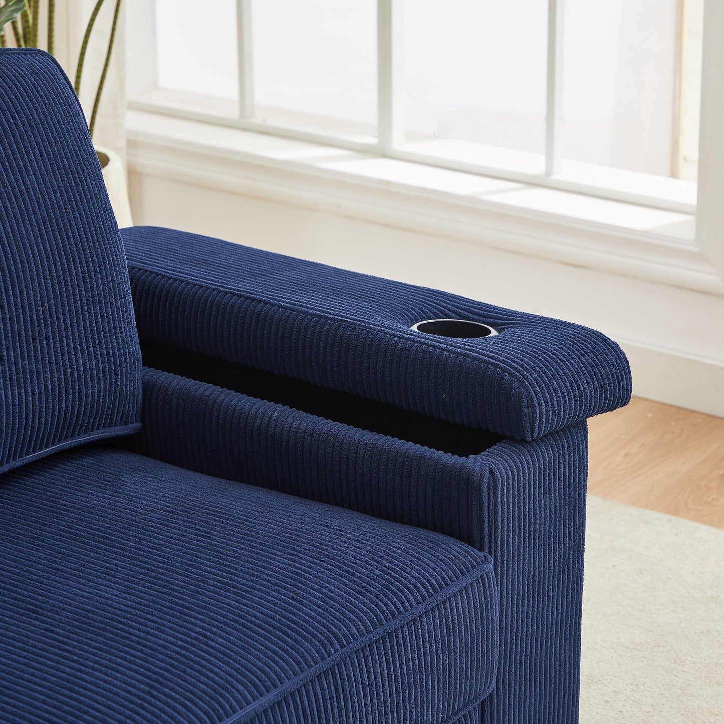 Divano a 3 posti in velluto a coste con porte USB e portabicchieri