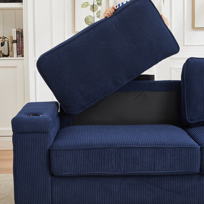 Divano a 3 posti in velluto a coste con porte USB e portabicchieri