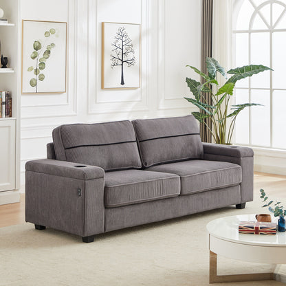 Divano a 3 posti in velluto a coste con porte USB e portabicchieri