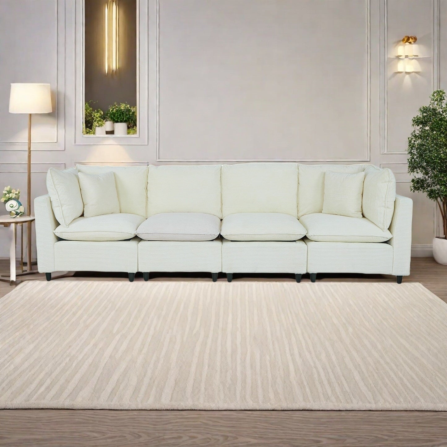 Divano a 4 posti in velluto a coste con 4 piccoli cuscini, tessuto traspirante, cuscini in spugna spessa