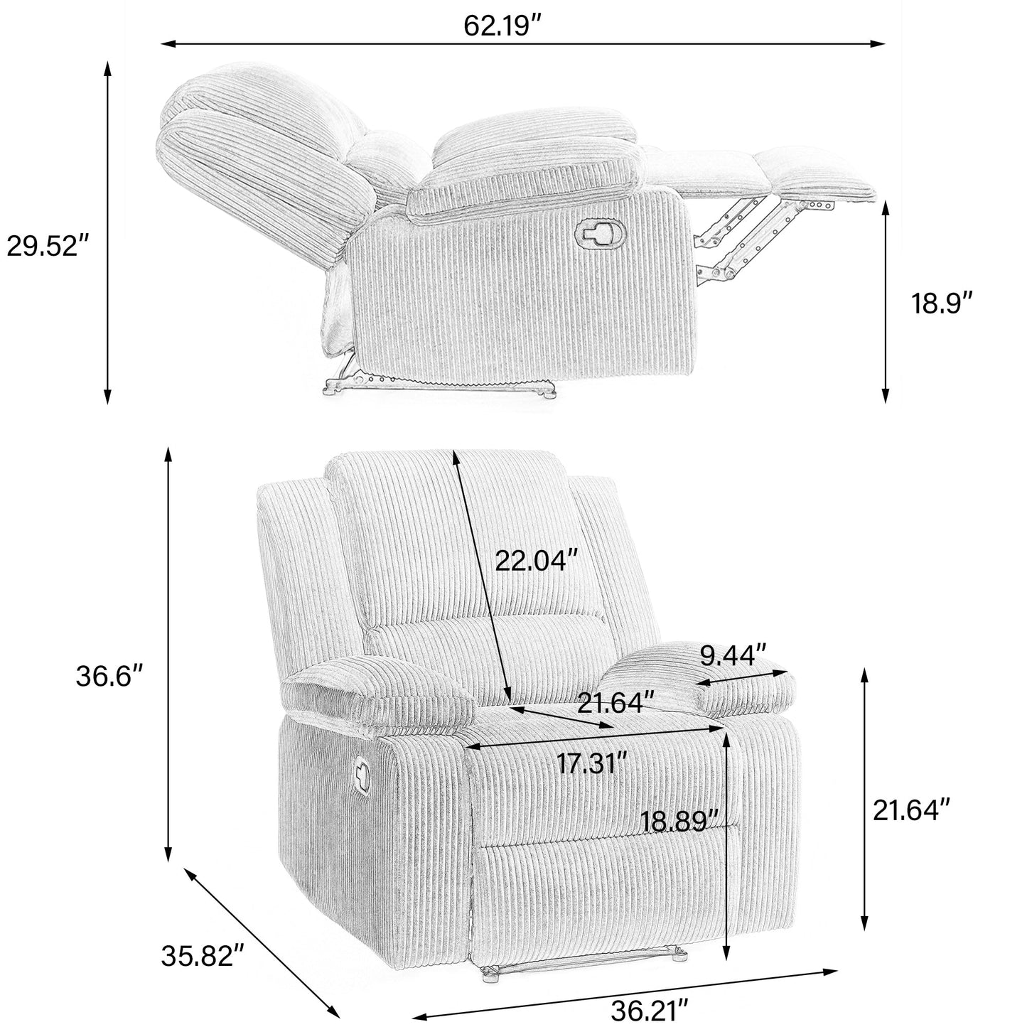Poltrona reclinabile regolabile in velluto a coste per soggiorno