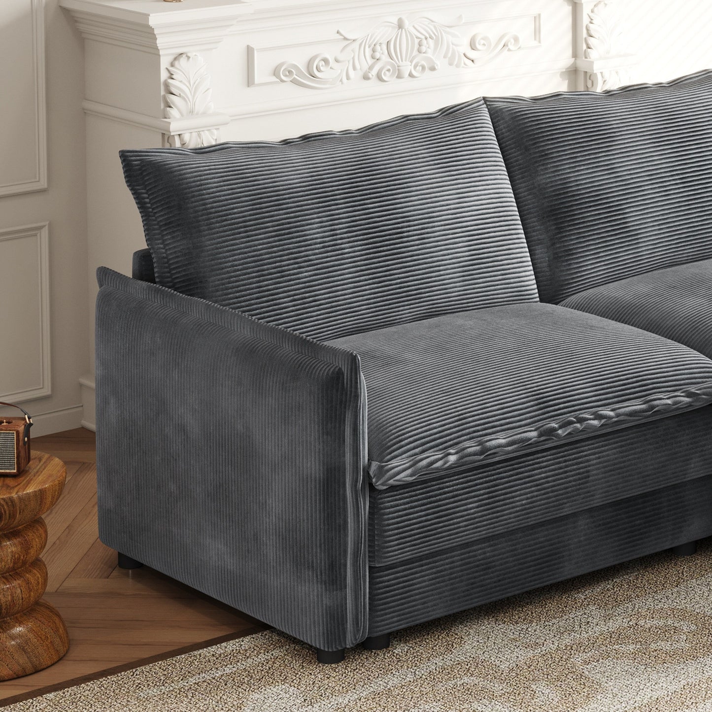 Divano a 3 posti in velluto a coste con 2 poggiapiedi mobili, set divano a U, seduta profonda imbottita a 2 posti con 3 cuscini