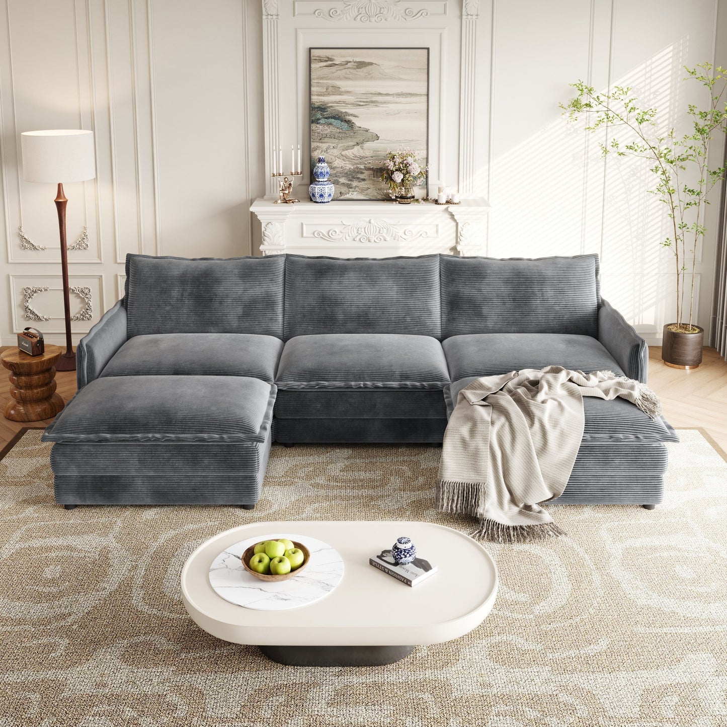 Divano a 3 posti in velluto a coste con 2 poggiapiedi mobili, set divano a U, seduta profonda imbottita a 2 posti con 3 cuscini