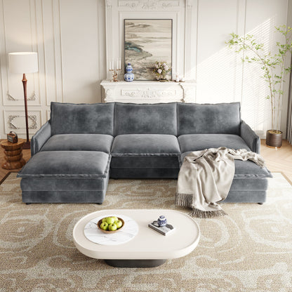 Divano a 3 posti in velluto a coste con 2 poggiapiedi mobili, set divano a U, seduta profonda imbottita a 2 posti con 3 cuscini