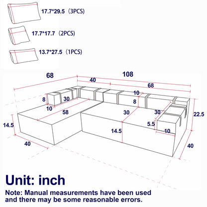 Divano a 3 posti in velluto a coste con 2 poggiapiedi mobili, set divano a U, seduta profonda imbottita a 2 posti con 3 cuscini