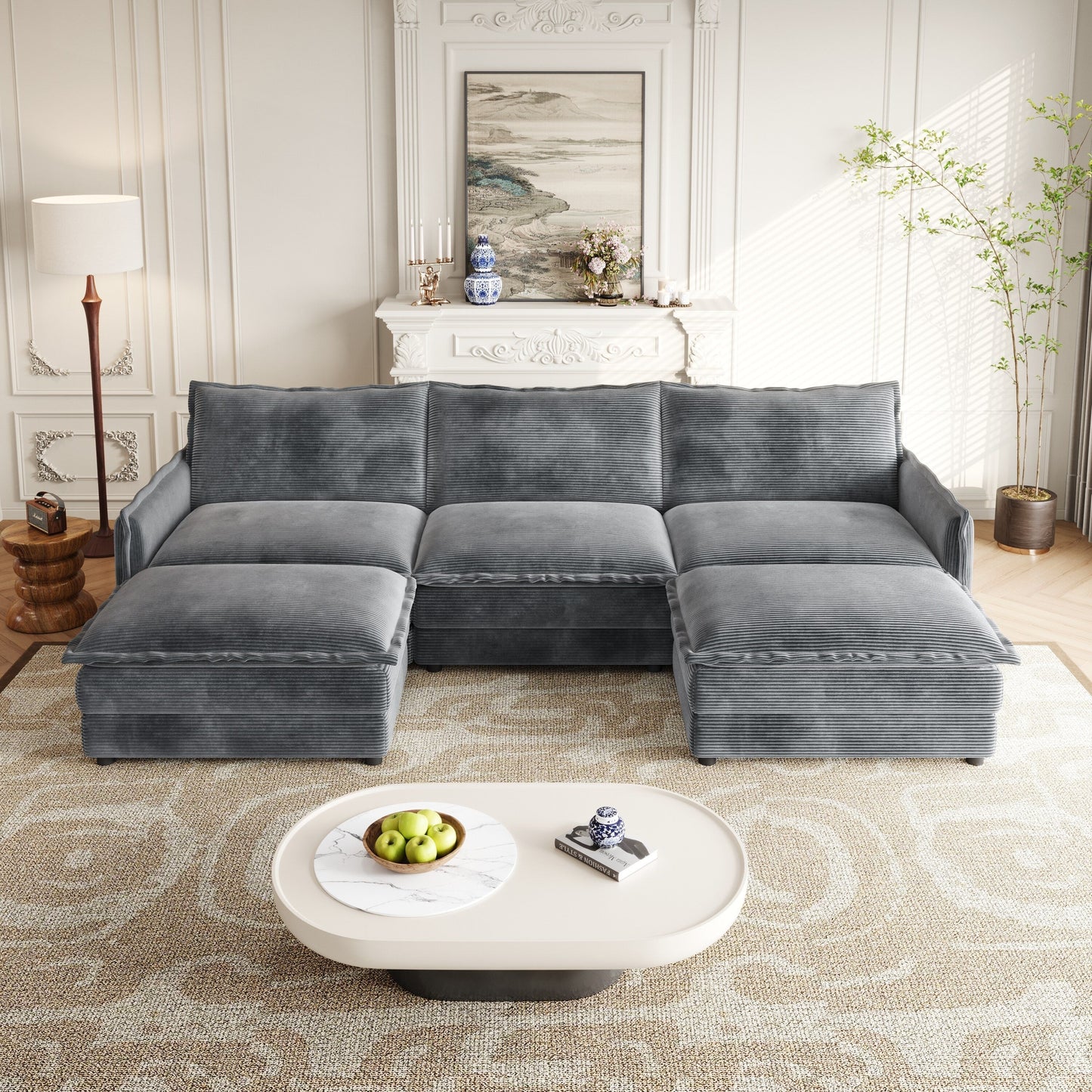 Divano a 3 posti in velluto a coste con 2 poggiapiedi mobili, set divano a U, seduta profonda imbottita a 2 posti con 3 cuscini