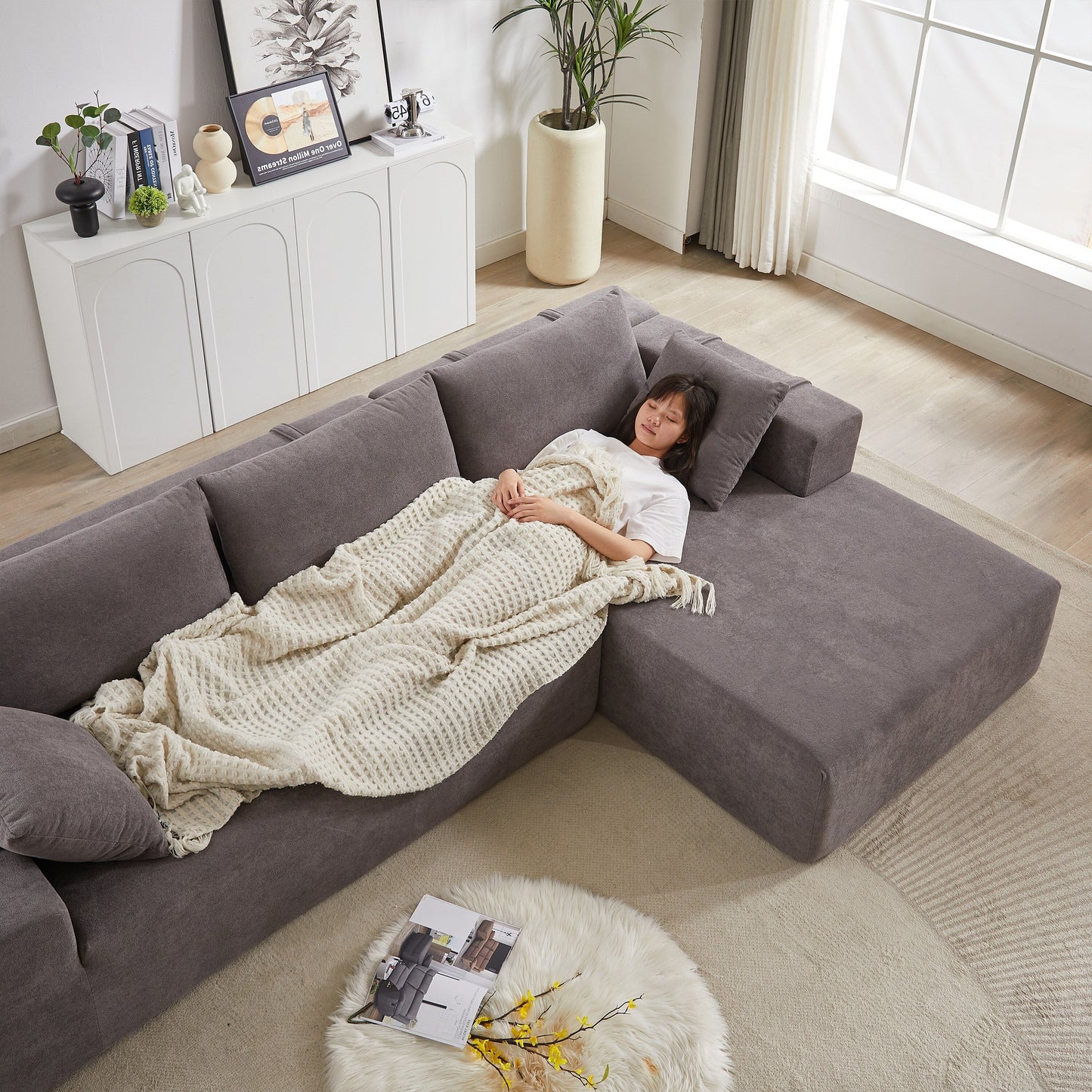 Divano a 3 posti in velluto a coste con 2 poggiapiedi mobili, set divano a U, seduta profonda imbottita a 2 posti con 3 cuscini