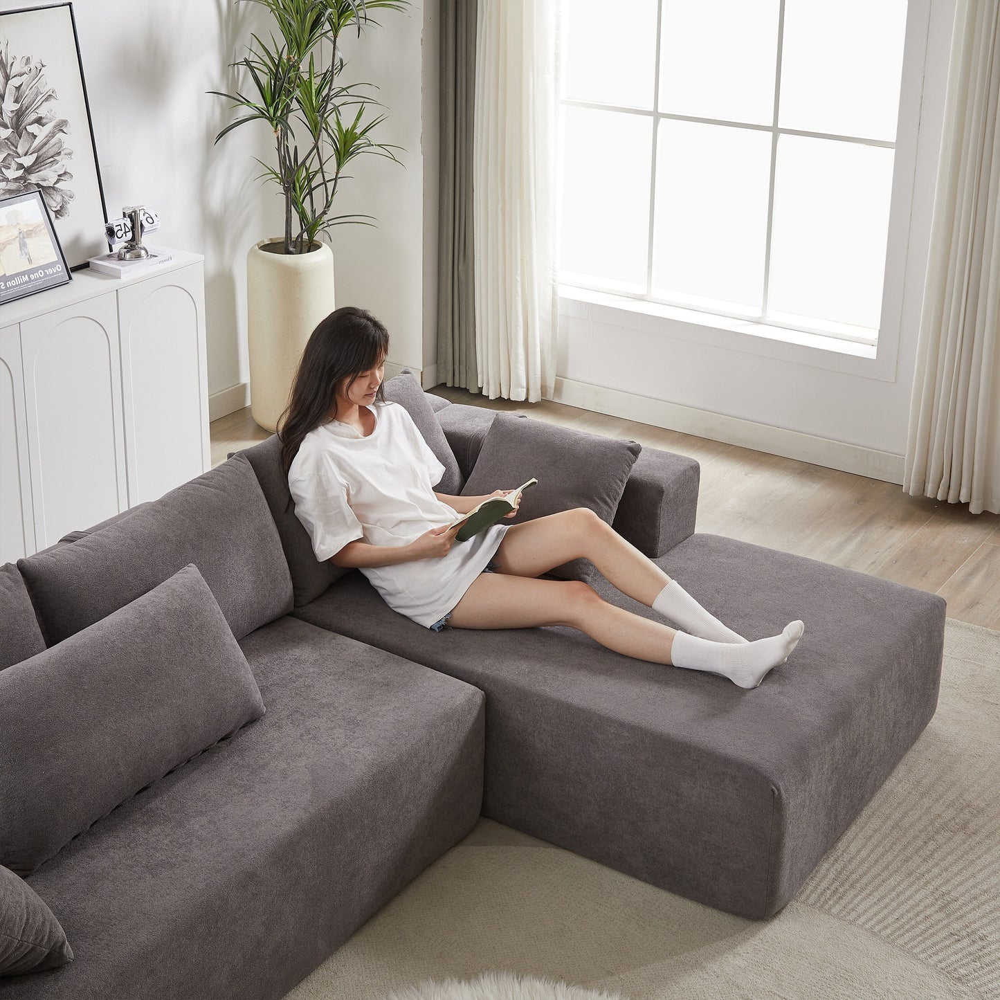 Divano a 3 posti in velluto a coste con 2 poggiapiedi mobili, set divano a U, seduta profonda imbottita a 2 posti con 3 cuscini