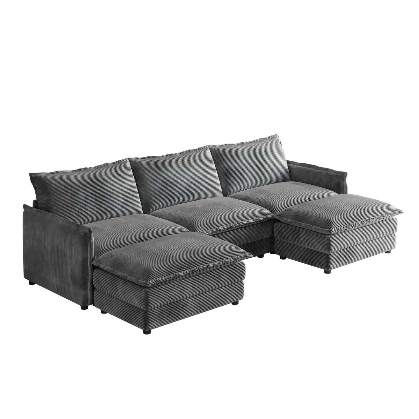 Divano a 3 posti in velluto a coste con 2 poggiapiedi mobili, set divano a U, seduta profonda imbottita a 2 posti con 3 cuscini