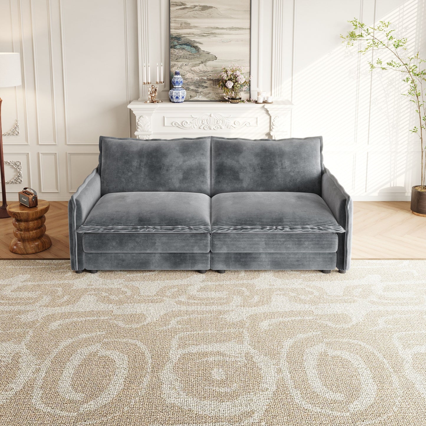 Divano a due posti in velluto a coste per soggiorno, divano imbottito di grandi dimensioni con seduta profonda e 2 cuscini